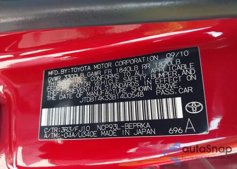 2011 Toyota Yaris from USA, damaged, VIN JTDBT4K33B1400548